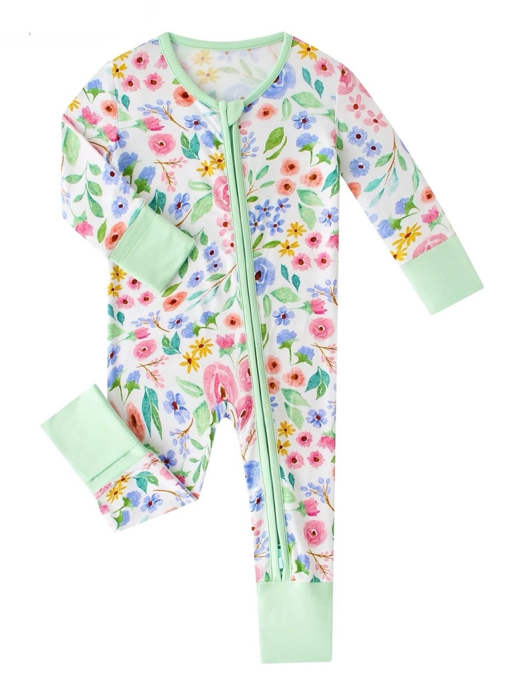 BAMBOO Floral Zip Footless Pajama Onesie in Mint, Pink, Blue, Yellow